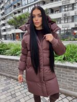 Пуховик жіночий коричневий довгий 100см 00412