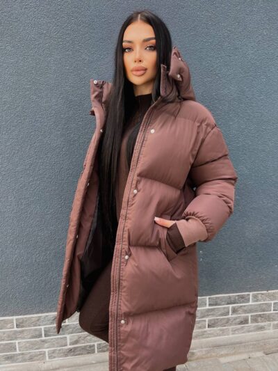 Пуховик жіночий коричневий довгий 100см 00412