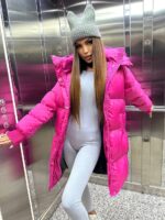 Пуховик жіночий малиновий довгий 100см 00411