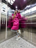 Пуховик жіночий малиновий довгий 100см 00411