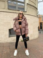 Пуховик жіночий мокко короткий з капюшоном 00309