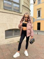 Пуховик жіночий мокко короткий з капюшоном 00309