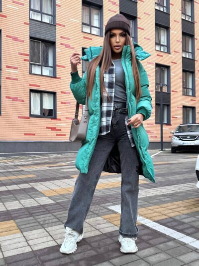 Пуховик жіночий зелений довгий 100см 00407