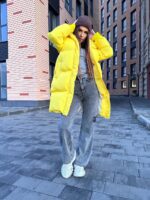 Пуховик жіночий жовтий довгий 100см 00408