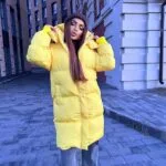 Пуховик жіночий жовтий довгий 100см 00408