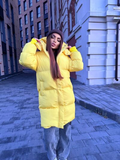 Пуховик жіночий жовтий довгий 100см 00408