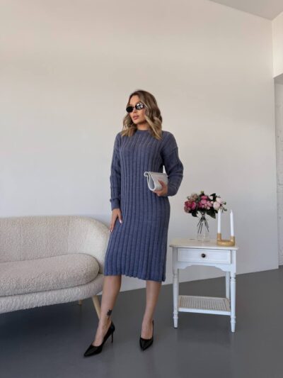 Сукня базова жіноча в’язана колір джинс 00352