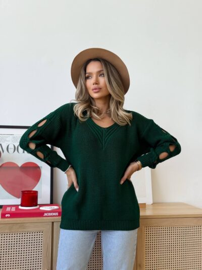 Светр жіночий з прорізами смарагдовий 00331