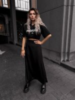 Жіноча сатинова спідниця чорна довга 00390