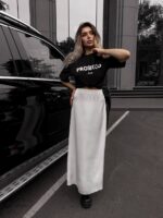 Жіноча сатинова спідниця молочна довга 00391