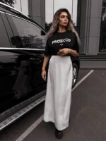 Жіноча сатинова спідниця молочна довга 00391