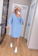 Жіноча в’язана сукня з ажурними рукавами блакитний 00399