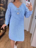 Жіноча в’язана сукня з ажурними рукавами блакитний 00399