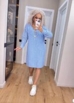Жіноча в’язана сукня з ажурними рукавами блакитний 00399