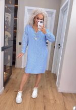 Жіноча в’язана сукня з ажурними рукавами блакитний 00399