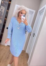 Жіноча в’язана сукня з ажурними рукавами блакитний 00399
