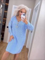 Жіноча в’язана сукня з ажурними рукавами блакитний 00399