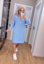 Жіноча в’язана сукня з ажурними рукавами блакитний 00399