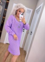 Жіноча в’язана сукня з ажурними рукавами бузок 00398