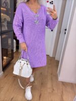 Жіноча в’язана сукня з ажурними рукавами бузок 00398