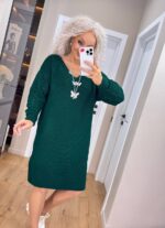 Жіноча в’язана сукня з ажурними рукавами смарагд 00401