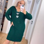 Жіноча в’язана сукня з ажурними рукавами смарагд 00401