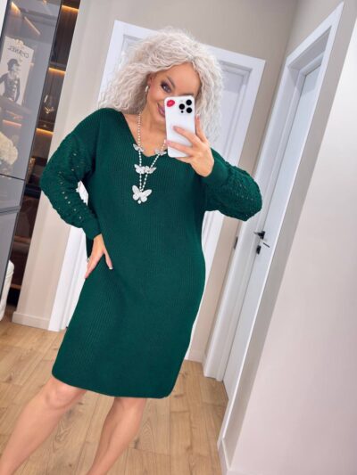 Жіноча в’язана сукня з ажурними рукавами смарагд 00401