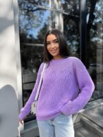 Жіночий в’язаний светр з низьким горлом бузковий 00379