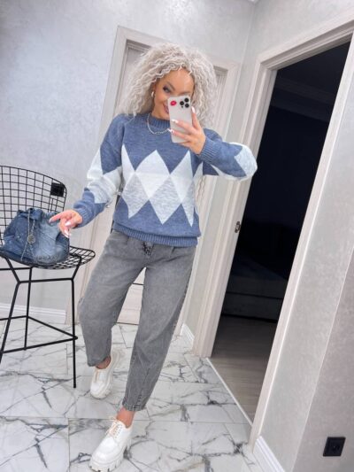 Жіночий в’язаний светр з низьким горлом кольору джинс 00365