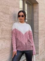 Жіночий в’язаний светр з низьким горлом молоко-бузок-синій 00394