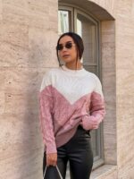 Жіночий в’язаний светр з низьким горлом молоко-бузок-синій 00394