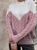 Жіночий в’язаний светр з низьким горлом молоко-бузок-синій 00394