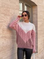 Жіночий в’язаний светр з низьким горлом молоко-бузок-синій 00394