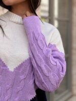 Жіночий в’язаний светр з низьким горлом молоко-бузок-синій 00395