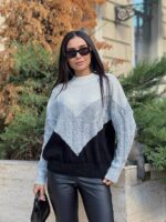 Жіночий в’язаний светр з низьким горлом молоко-сірий-чорний 00397