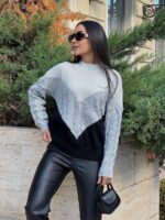 Жіночий в’язаний светр з низьким горлом молоко-сірий-чорний 00397