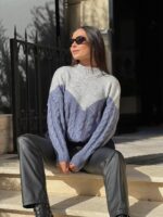 Жіночий в’язаний светр з низьким горлом сірий-джинс-синій 00396