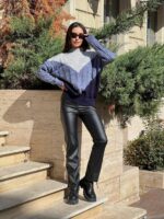 Жіночий в’язаний светр з низьким горлом сірий-джинс-синій 00396