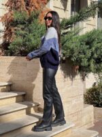 Жіночий в’язаний светр з низьким горлом сірий-джинс-синій 00396