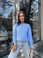 Жіночий в’язаний светр з низьким горлом світло-блакитний 00374