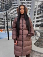 Жіночий зимовий пуховик з чотирма кишенями шоколадного кольору 00449