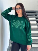 Жіночий светрик з етнічним візерунком смарагдового кольору 00468