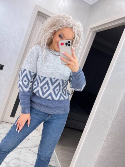 Жіночий светр з візерунком сіро-синього кольору 00485