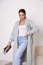 (Копія)Жіночий кардиган з плетеним поясом кольору темна пудра 00601 00602