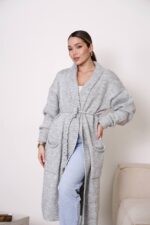 (Копія)Жіночий кардиган з плетеним поясом кольору темна пудра 00601 00602