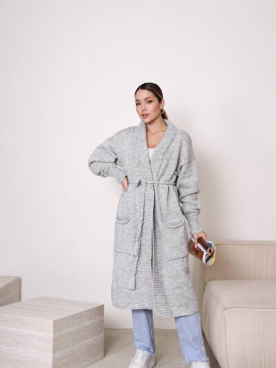 (Копія)Жіночий кардиган з плетеним поясом кольору темна пудра 00601 00602