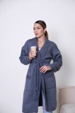 (Копія)Жіночий кардиган з плетеним поясом сірого кольору 00602 00603