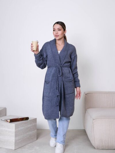 (Копія)Жіночий кардиган з плетеним поясом сірого кольору 00602 00603