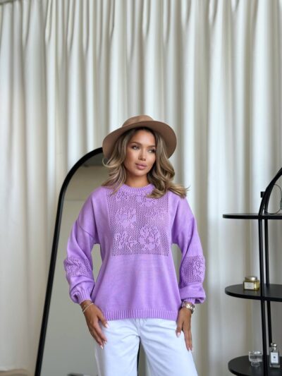 (Копія)Жіночий трикольоровий в’язаний светр з ажурним візерунком блакитного кольору 00579 00580