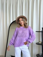 (Копія)Жіночий трикольоровий в’язаний светр з ажурним візерунком блакитного кольору 00579 00580